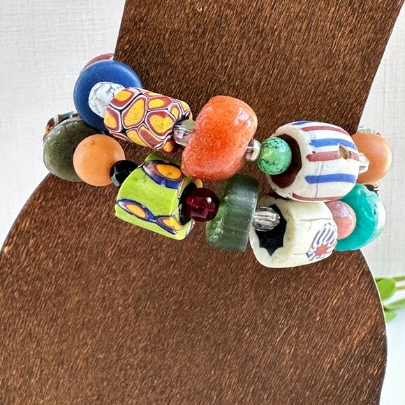 Venetian Millefiori Beads, African Trade Beads, Gemstone Memory Wire Bracelet - Picture 11 of 12
